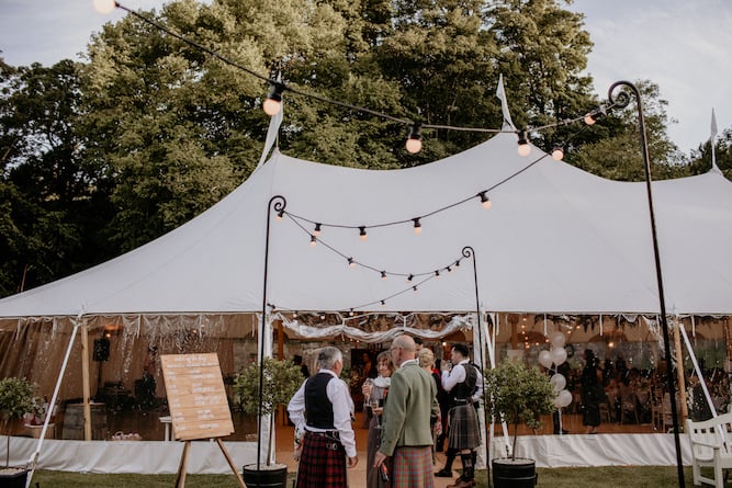 Laura & Robbie Stunning PapaKåta Sperry Tent Wedding at The Walled Garden at Strathtyrum, Scotland, Captured by Claire Fleck Photography; Festoon Walkway